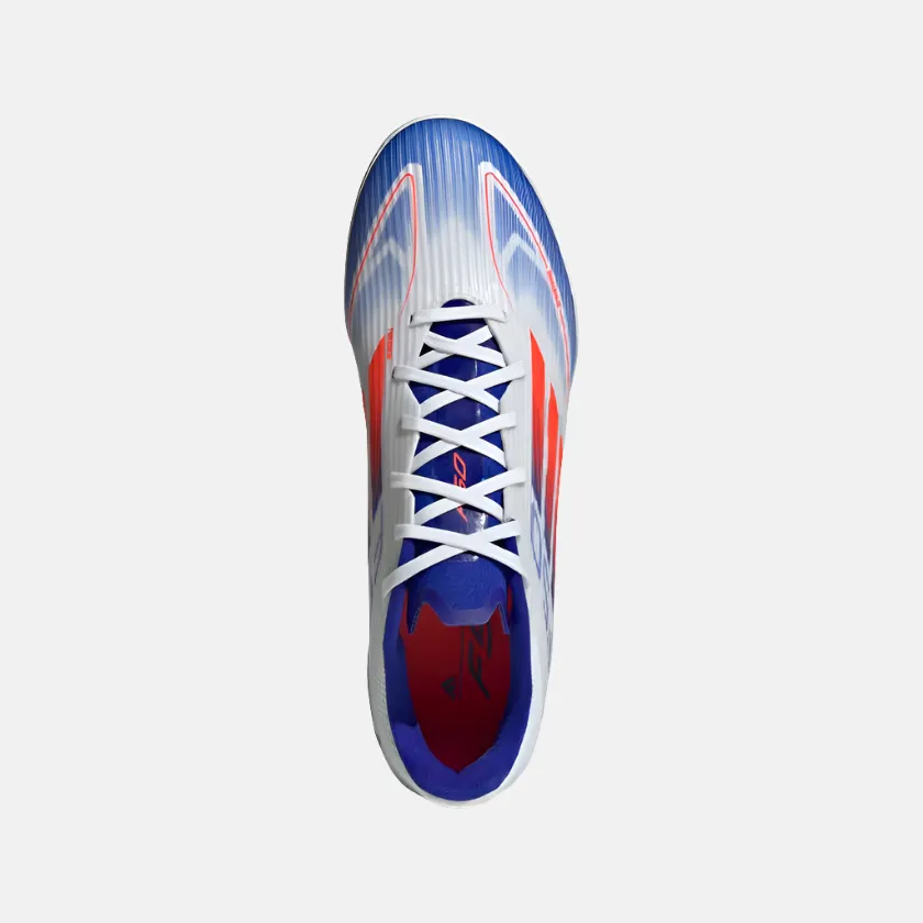 Form Ease Adidas F50 League Unisex Football Turf Shoes -Cloud White/Solar Red/Lucid Blue