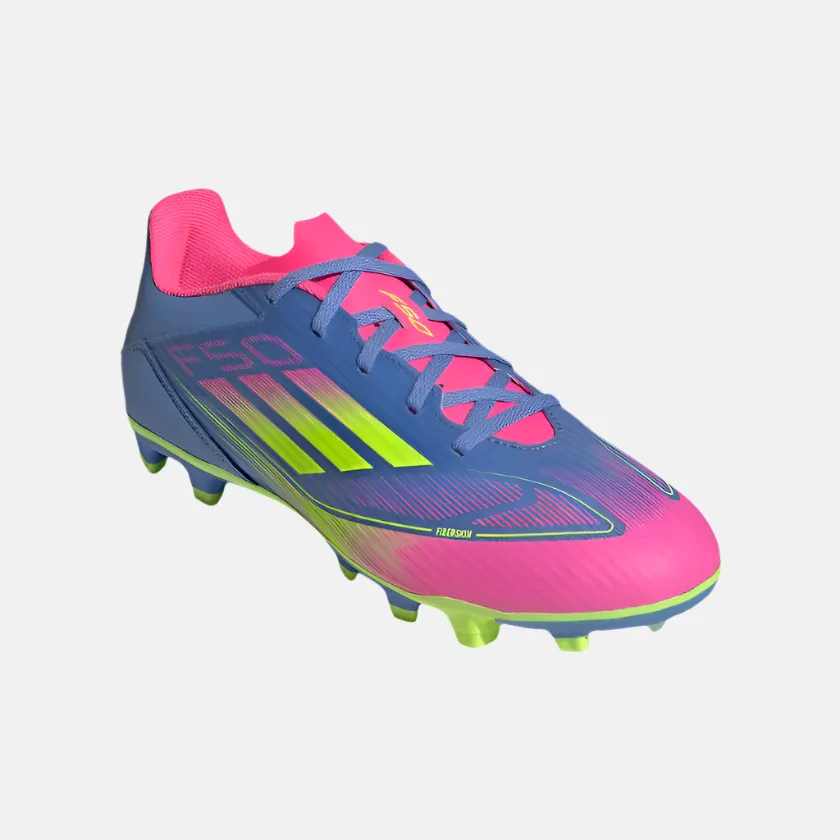 Slim Form Baby Soft Adias F50 Club Firm/Multi-Ground Men's Football Shoes -Blue Fusion/Lucid Lemon/Lucid Pink