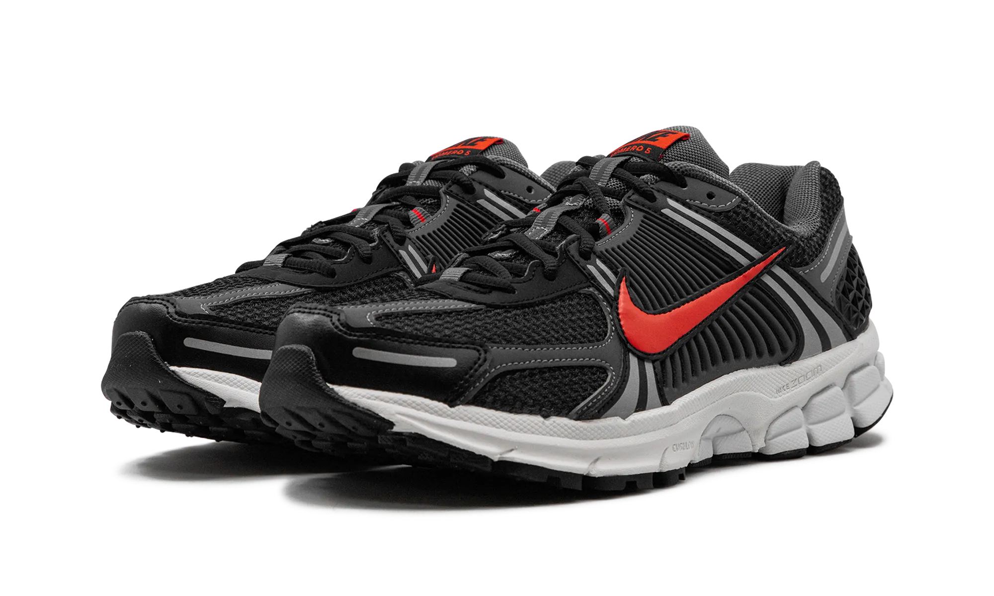 Air Zoom Vomero 5 "Black Picante Red" running in a glass bridge area shoes