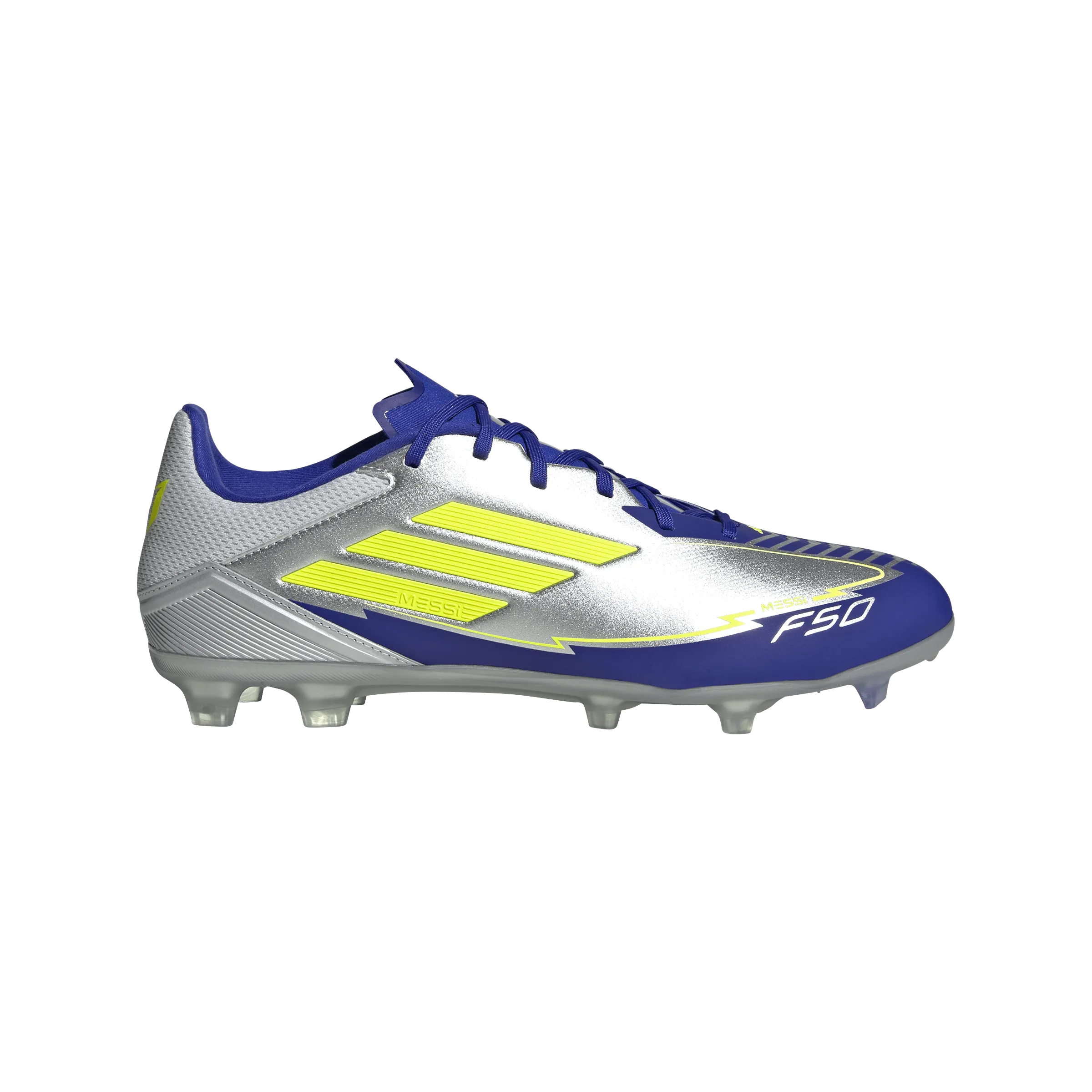 Turf Training Quick Movements adidas F50 LEAGUE MESSI Firm/Multi-Ground Cleats | Silver Metallic-Solar Yellow-Lucid Blue | Men's