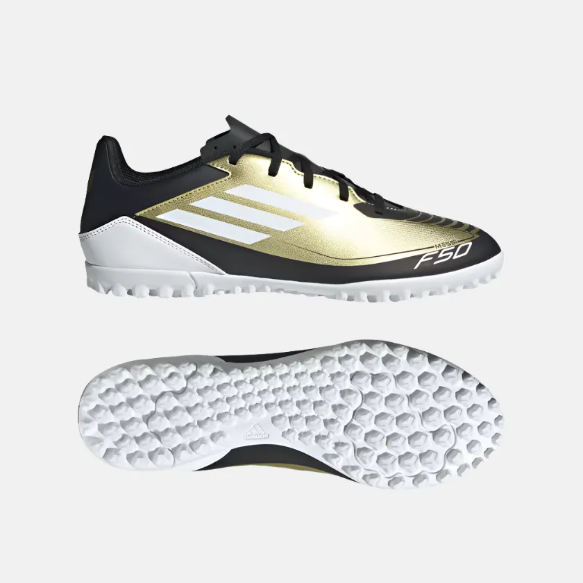 Adidas F50 Club Messi Unisex Turf Football Shoes -Gold Metallic/Cloud White/Core Black warm glow design