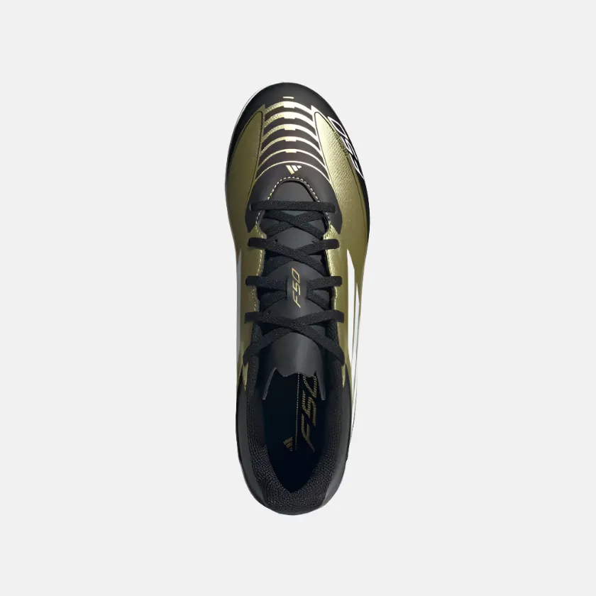 Adidas F50 Club Messi Unisex Turf Football Shoes -Gold Metallic/Cloud White/Core Black Color Mix Stable base