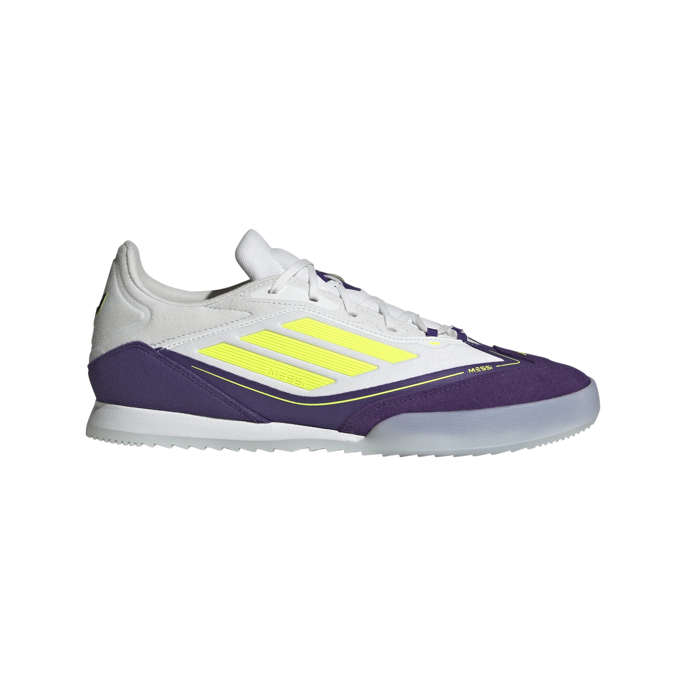 adidas F50 Messi Freestyle Indoor Soccer Shoes | Cloud White-Lucid Lemon-Purple | Men's Pivot Action Stamina Build