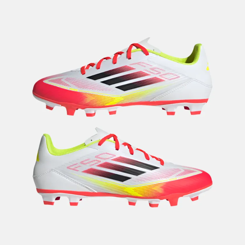 Heat Free Kids Play Adidas F50 Club Firm/Multi-Ground Football Shoes -Cloud White/Core Black/Solar Yellow