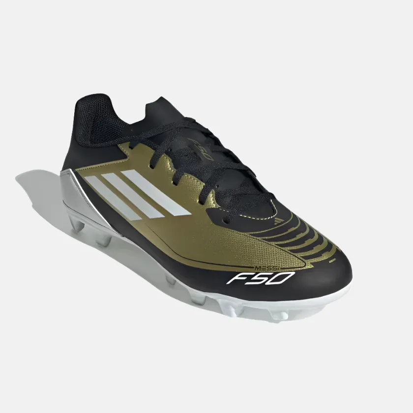 Adidas F50 Club Messi Flexible Unisex Football Ground Shoes -Gold Metallic/Cloud White/Core Black Work Base