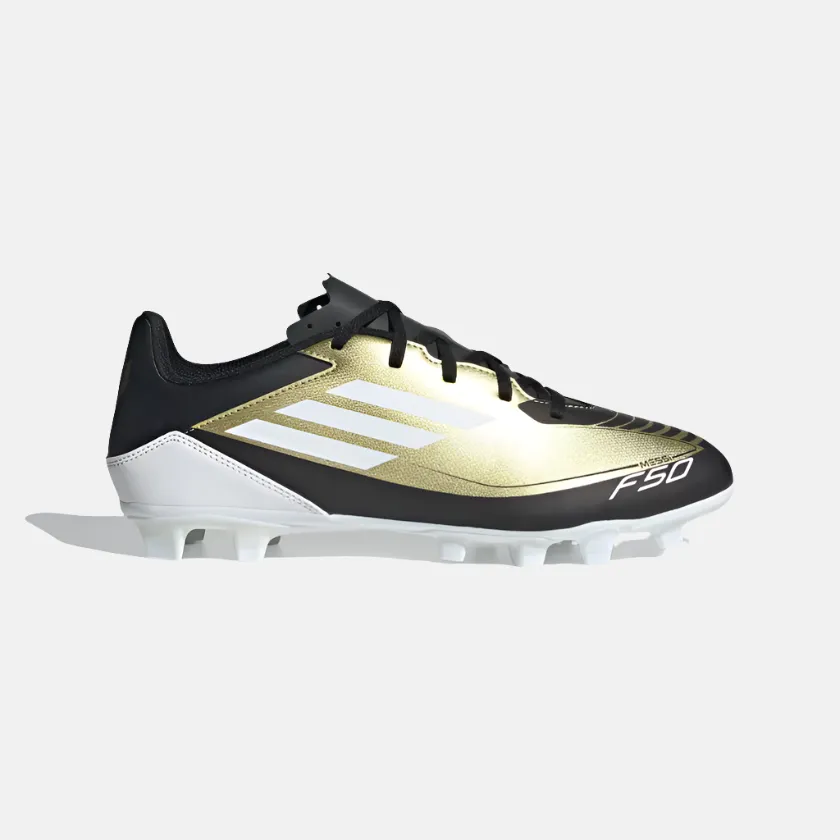 Casual Move Quick Flow Adidas F50 Club Messi Flexible Unisex Football Ground Shoes -Gold Metallic/Cloud White/Core Black