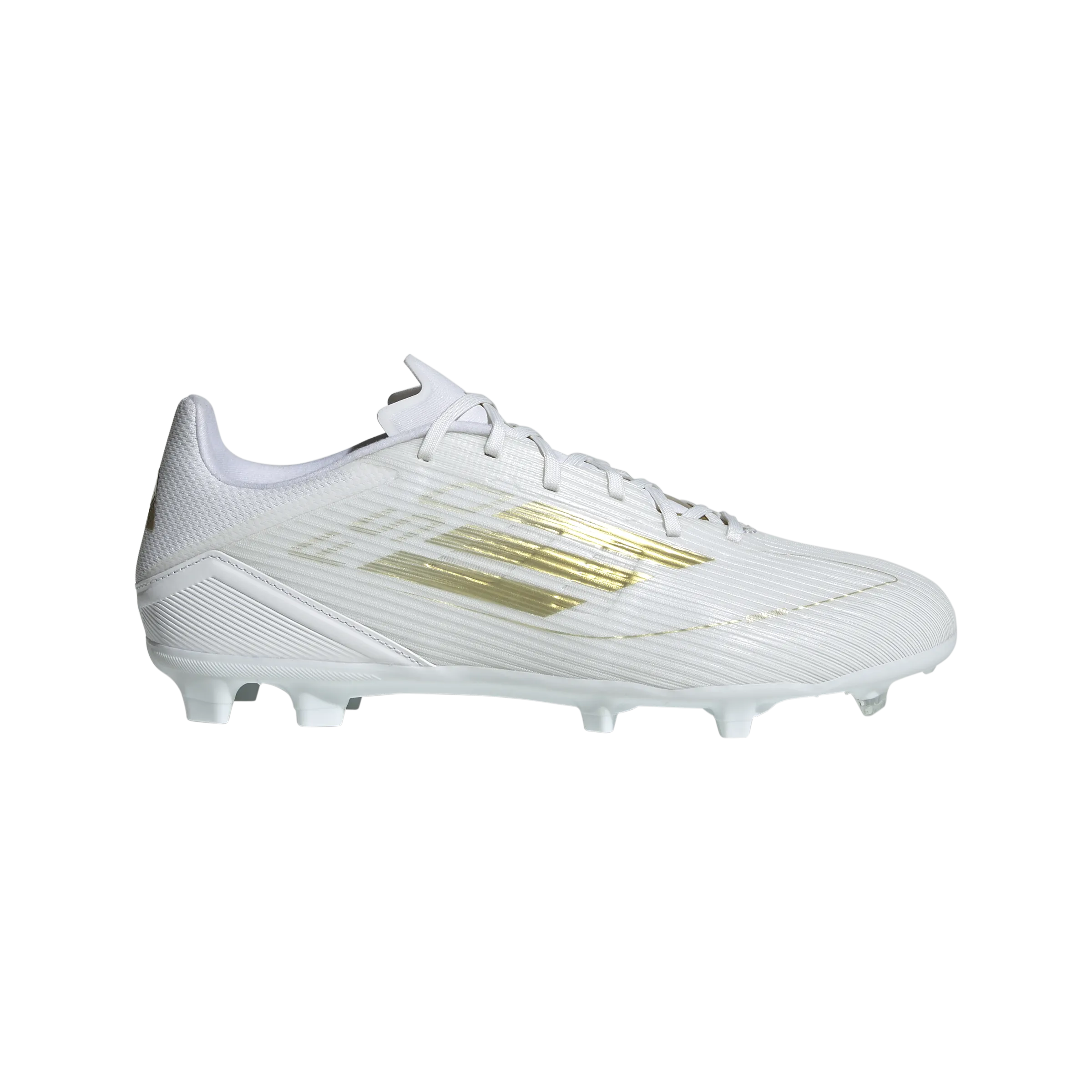 adidas F50 League Firm/Multi-Ground Soccer Cleats | Cloud White-Gold Metallic | Men's Stable Midsole Extra Grip