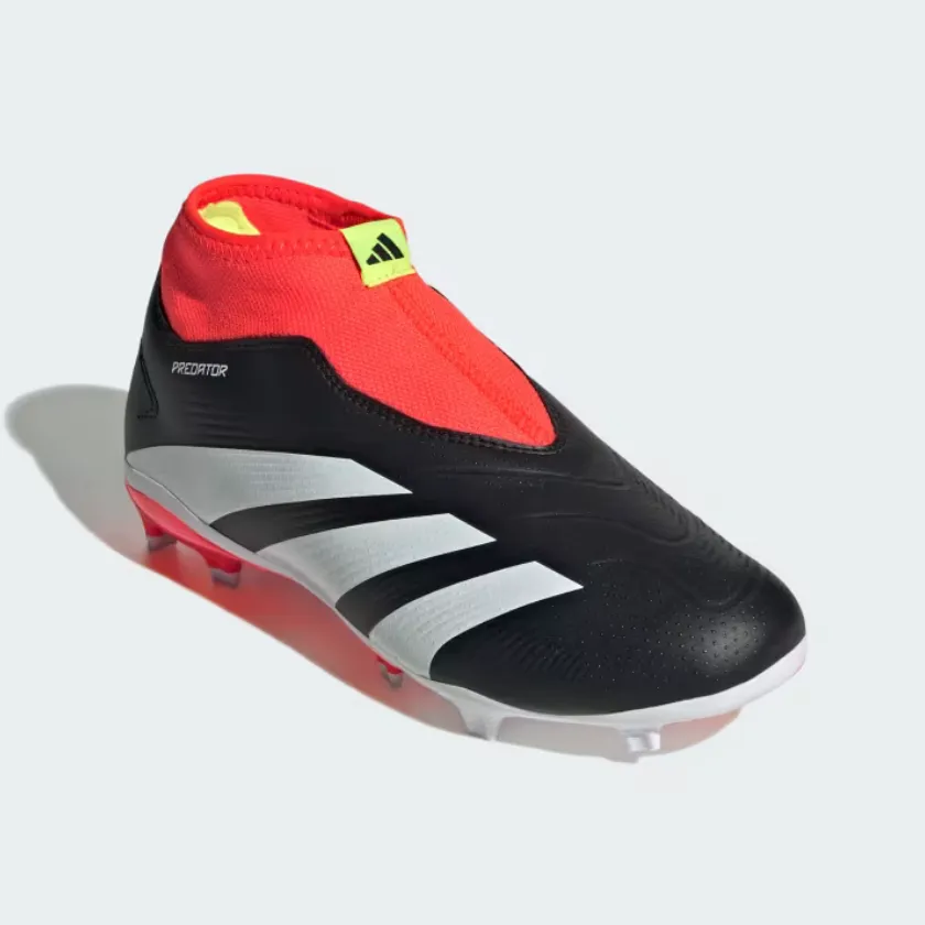 Court Grip Comfort Heel Adidas Predator 24 League LAceless Firm Ground Fooball Kids Unisex Shoes (4-7Year) -Core Black/Cloud White/Solar Red