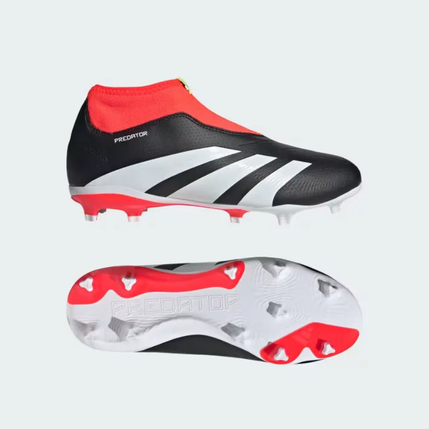 Adidas Predator 24 League LAceless Firm Ground Fooball Kids Unisex Shoes (4-7Year) -Core Black/Cloud White/Solar Red Comfort Step Baby Soft