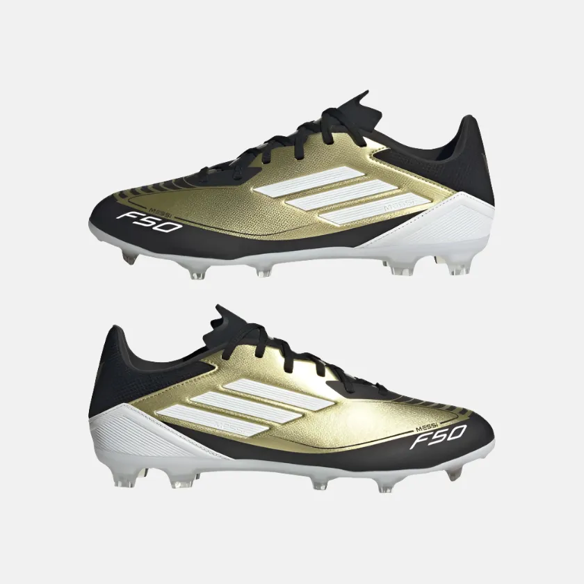 Rain Guard Airport Easy Adidas F50 League Messi Firm Unisex Football Ground Shoes -Gold Metallic/Cloud White/Core Black