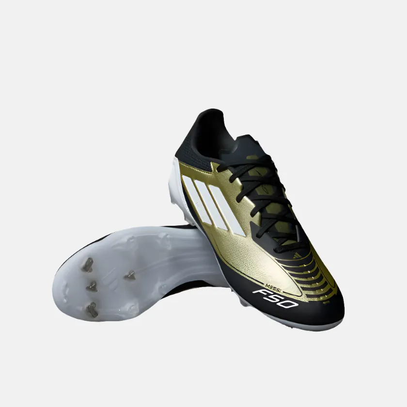 Adidas F50 League Messi Firm Unisex Football Ground Shoes -Gold Metallic/Cloud White/Core Black Desert Cool Durable Fabric