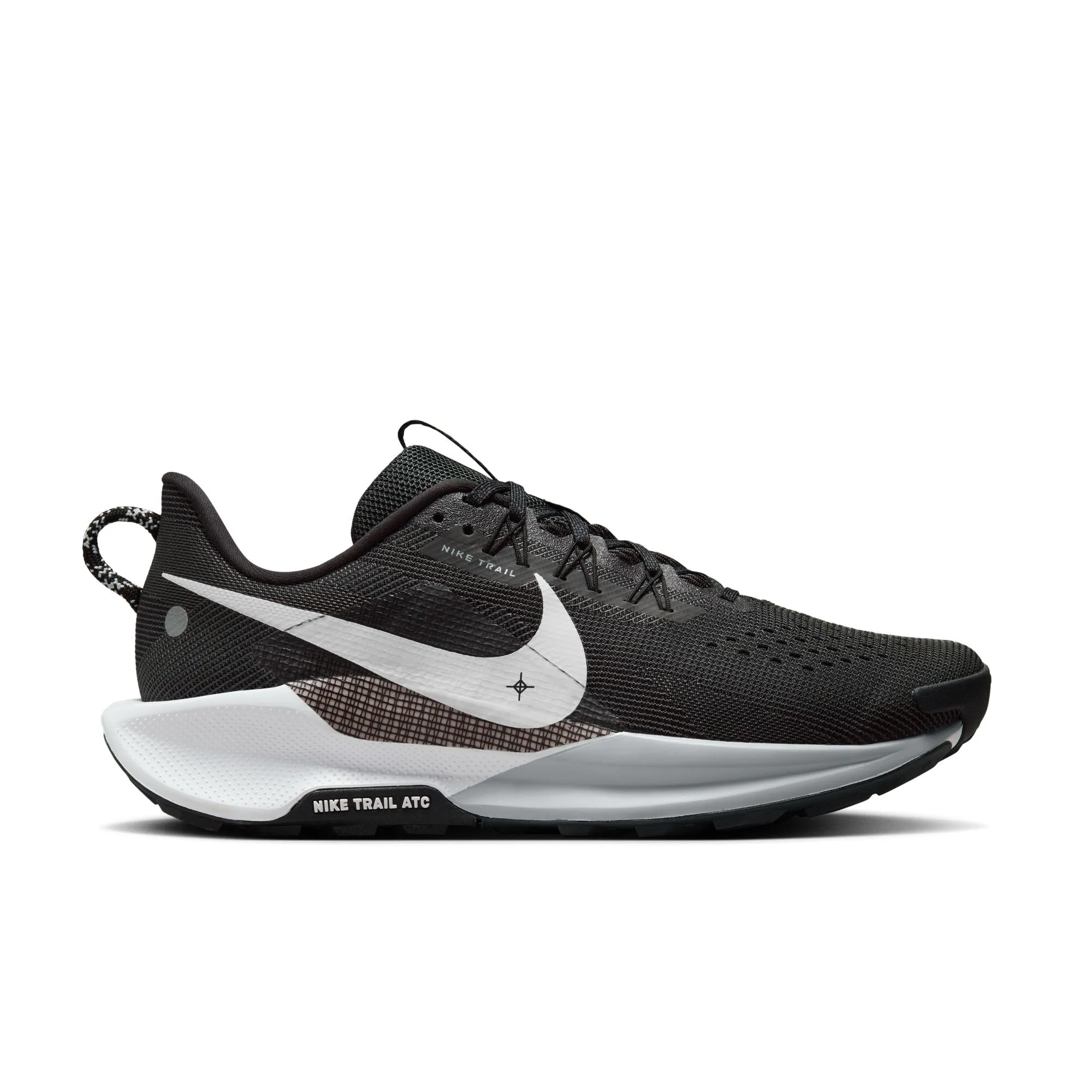 MEN'S PEGASUS TRAIL 5 - D - 001 BLACK/WHITE-ANTHRACITE-WOLF GREY running in a stadium running with a GPS tracker