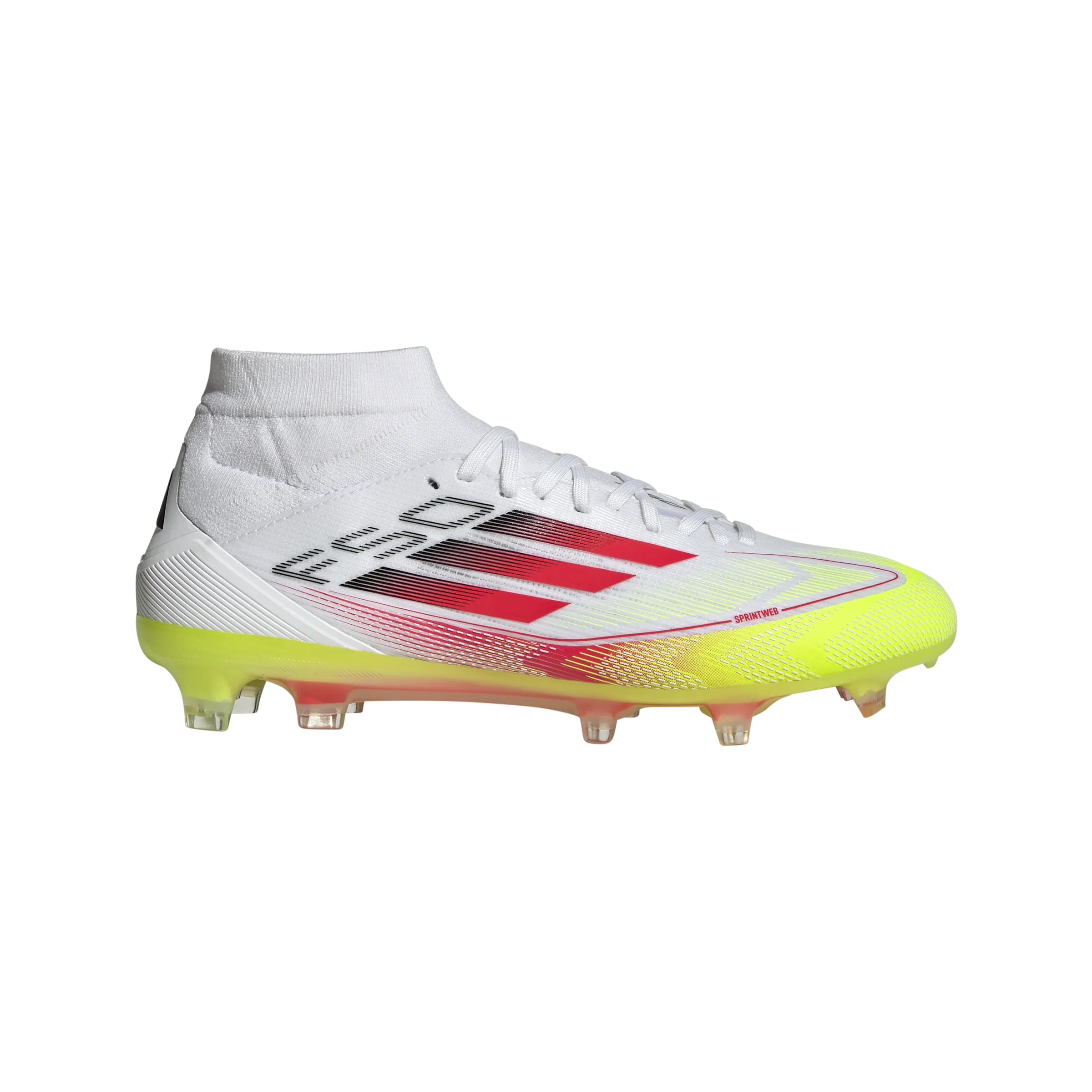 Control Play adidas F50 PRO MID-CUT Firm Ground Soccer Cleats | Cloud White-Lucid Red-Solar Yellow | Women's Unisex