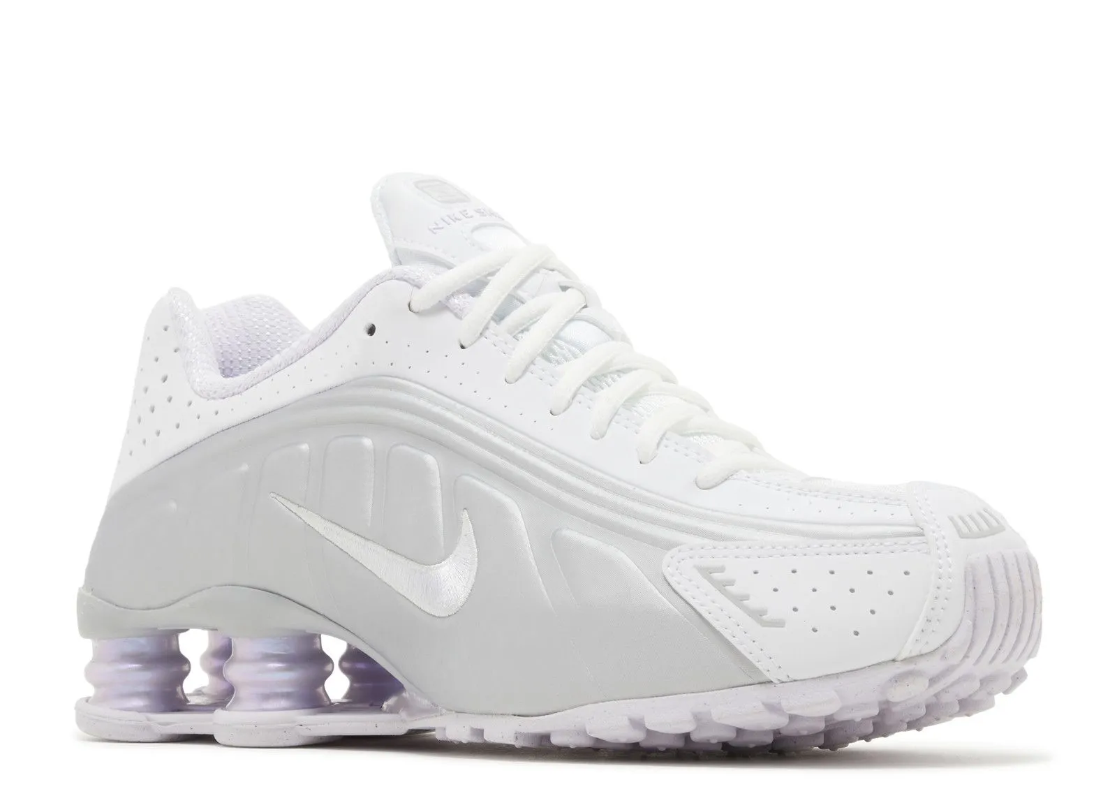 running in local races shoes lateral - support - stability shoes Nike Shox R4 White Metallic Platinum Barely Grape