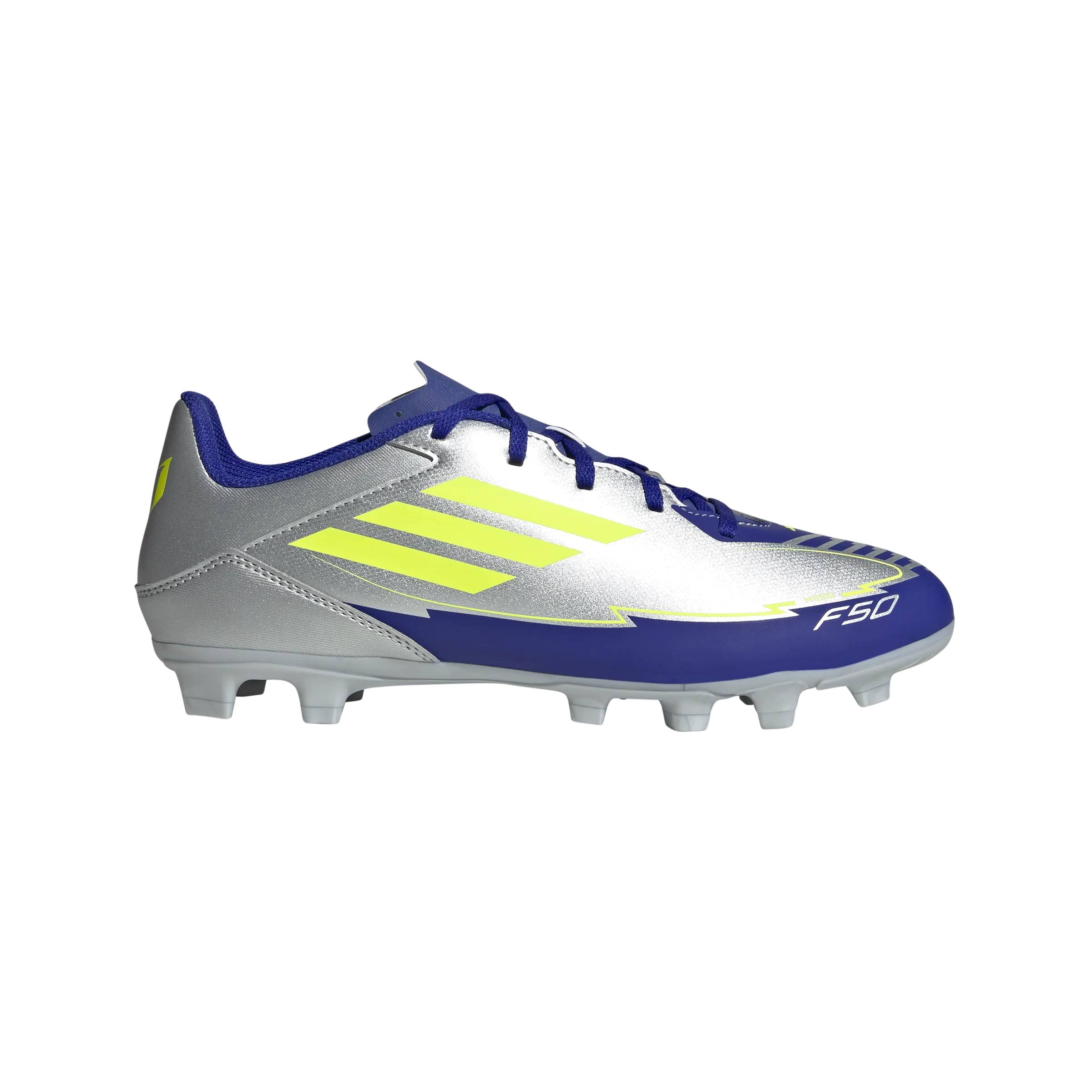 Sprint Traction adidas F50 CLUB MESSI Firm/Multi-Ground Soccer Cleats | Silver Metallic-Solar Yellow-Lucid Blue | Men's