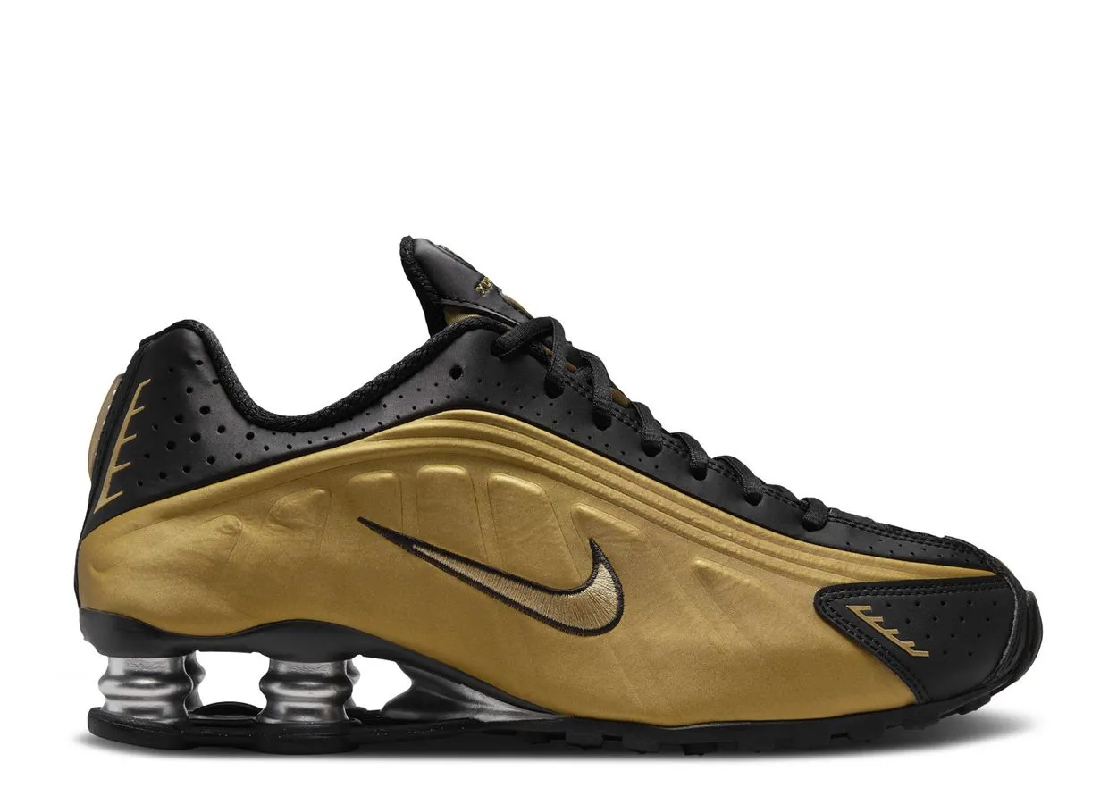 easy - to - clean upper shoes Nike Shox R4 Black Metallic Gold